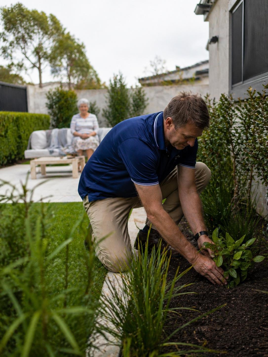 Clearpath support worker during a garden maintenance visit in Joondalup