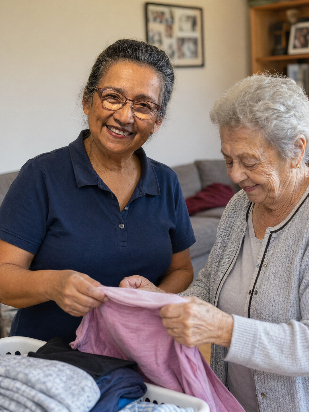 Clearpath support worker assisting an elderly participant with laundry at home
