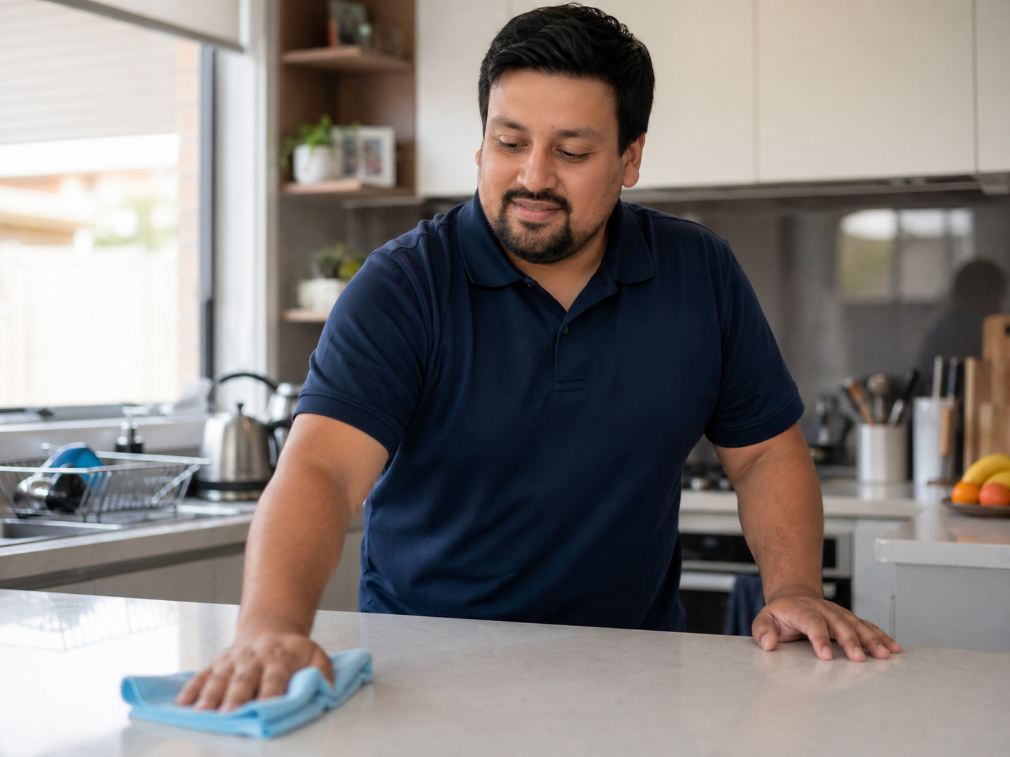 Clearpath team member wiping down kitchen benchtop during a house cleaning visit